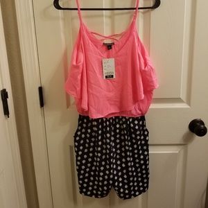 NWT pink and blue and white polka dot romper